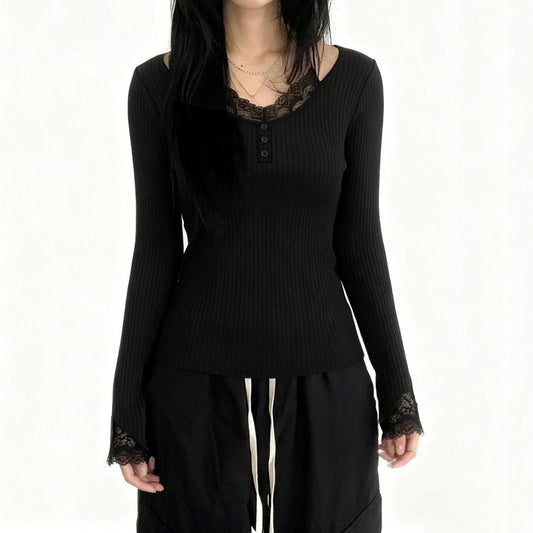 Long sleeve lace hem v neck solid top  | Festival Outfits Women