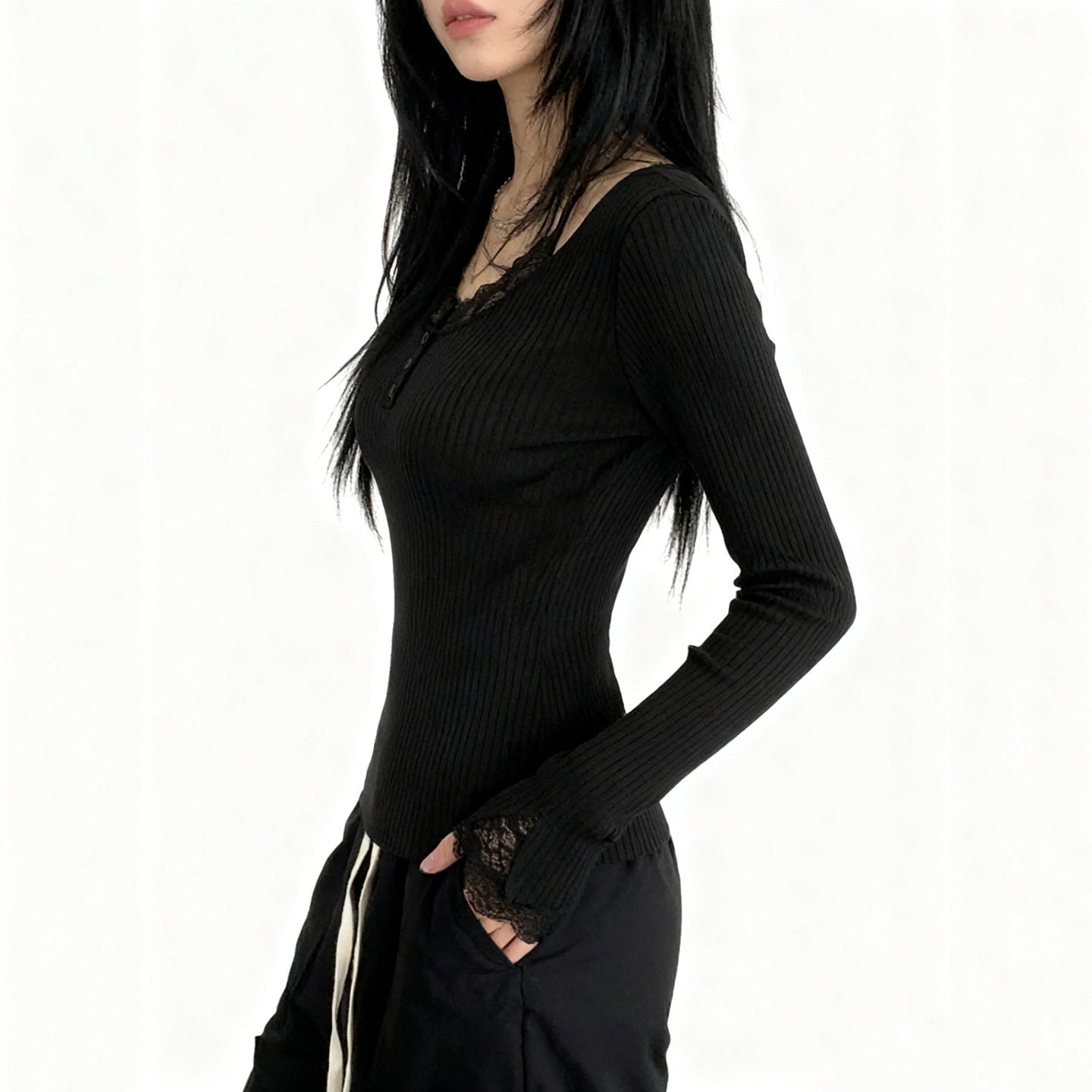 Long sleeve lace hem v neck solid top  | Festival Outfits Women