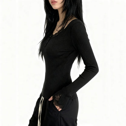Long sleeve lace hem v neck solid top  | Festival Outfits Women