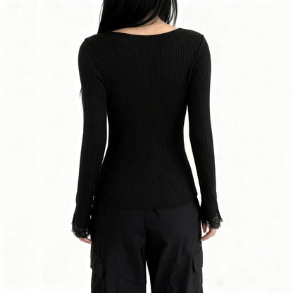 Long sleeve lace hem v neck solid top  | Festival Outfits Women