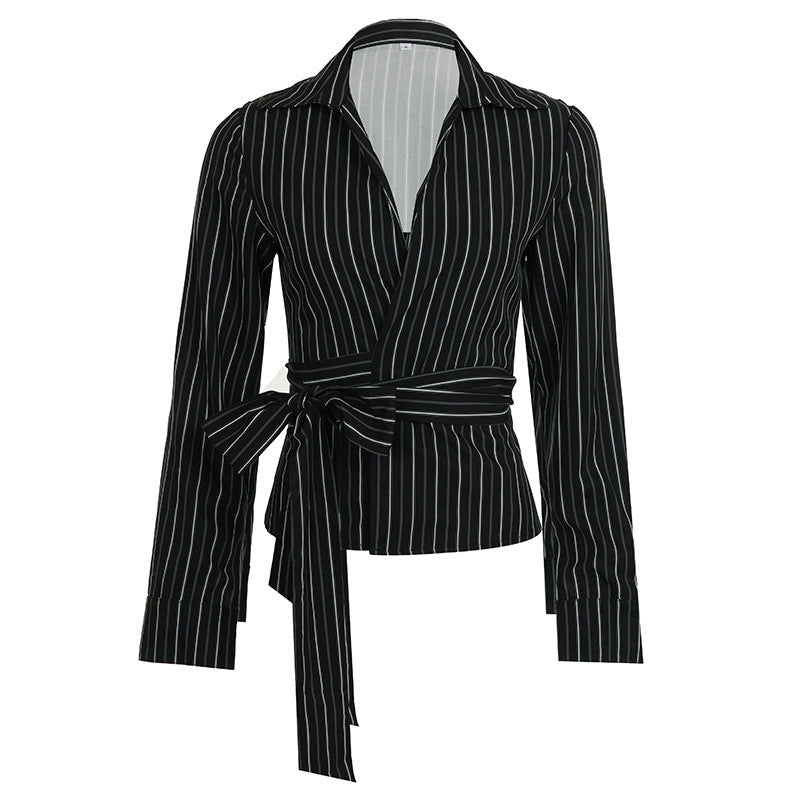 Long sleeve striped turnover collar self tie top  | Festival Outfits Women