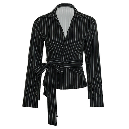 Long sleeve striped turnover collar self tie top  | Festival Outfits Women