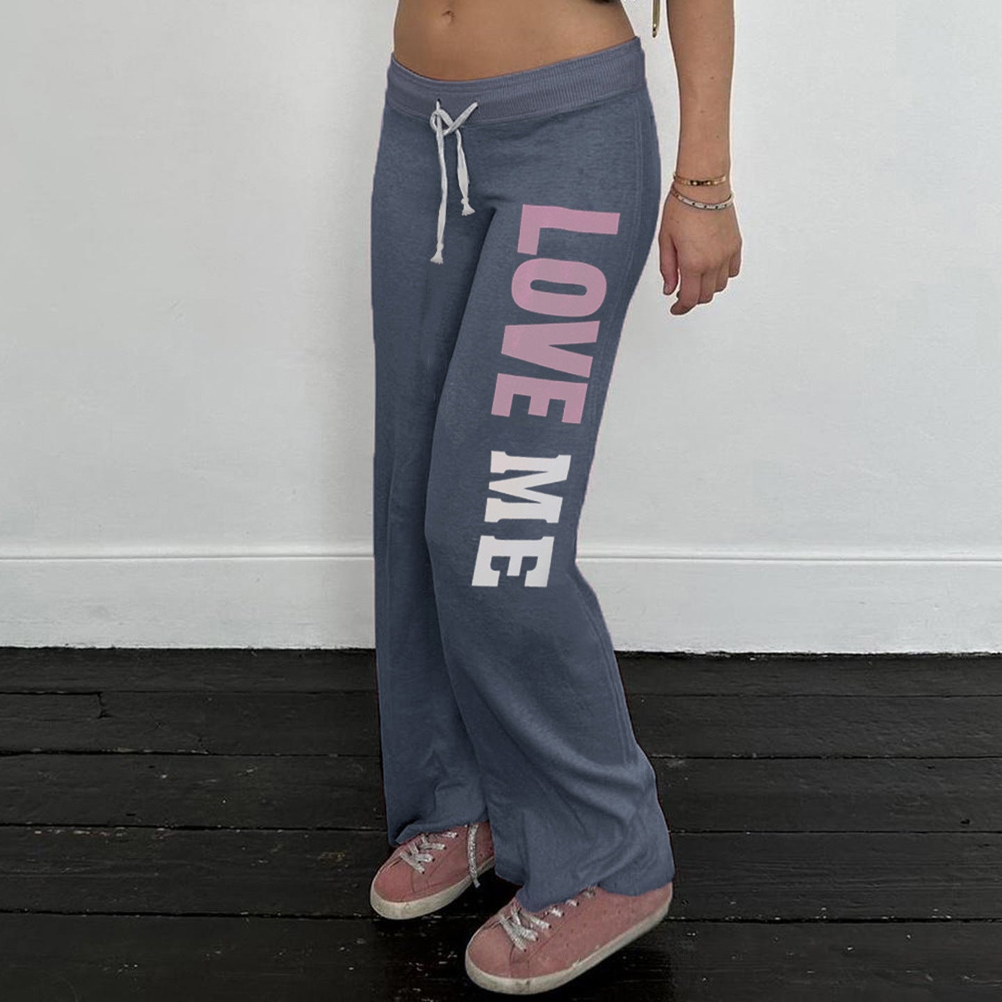 Drawstring letter pattern low rise straight leg pant  | Festival Outfits Women