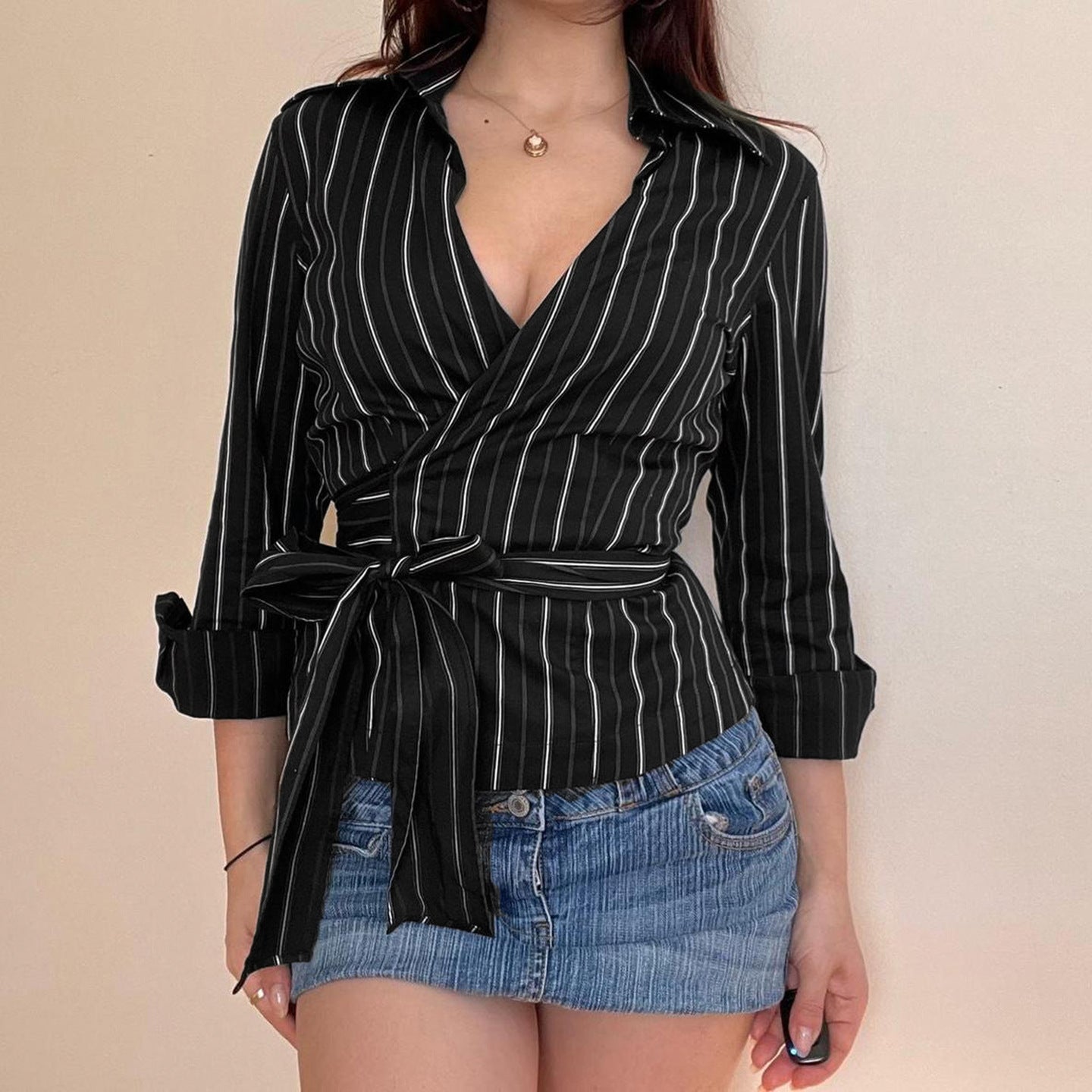 Long sleeve striped turnover collar self tie top  | Festival Outfits Women