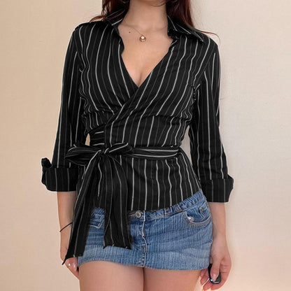 Long sleeve striped turnover collar self tie top  | Festival Outfits Women