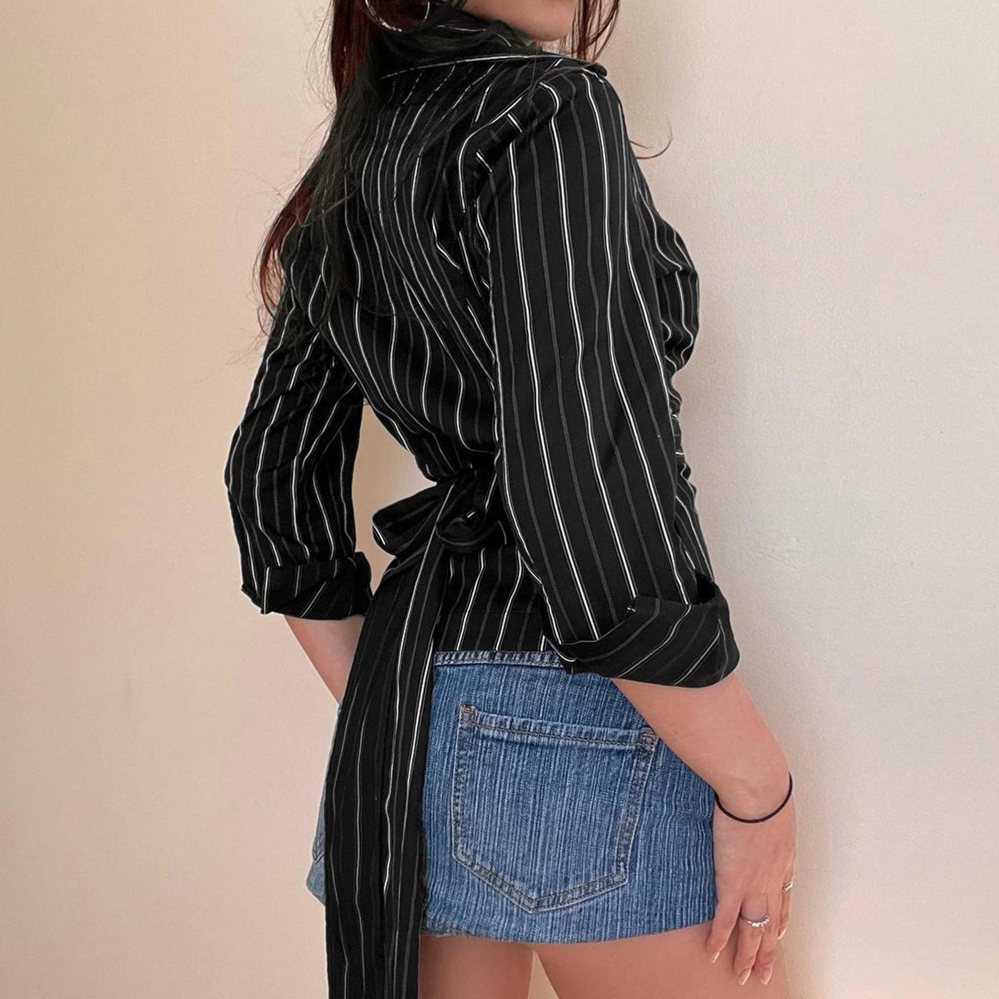 Long sleeve striped turnover collar self tie top  | Festival Outfits Women