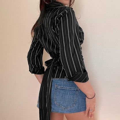 Long sleeve striped turnover collar self tie top  | Festival Outfits Women
