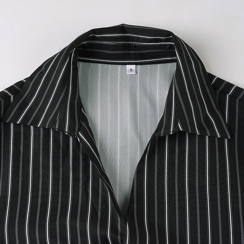 Long sleeve striped turnover collar self tie top  | Festival Outfits Women
