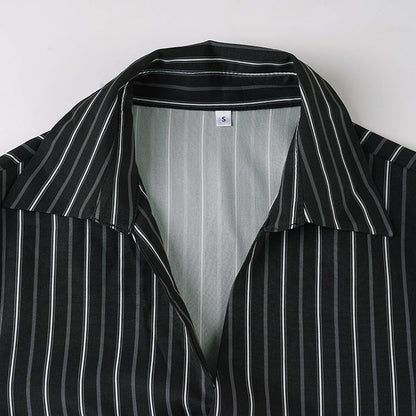 Long sleeve striped turnover collar self tie top  | Festival Outfits Women