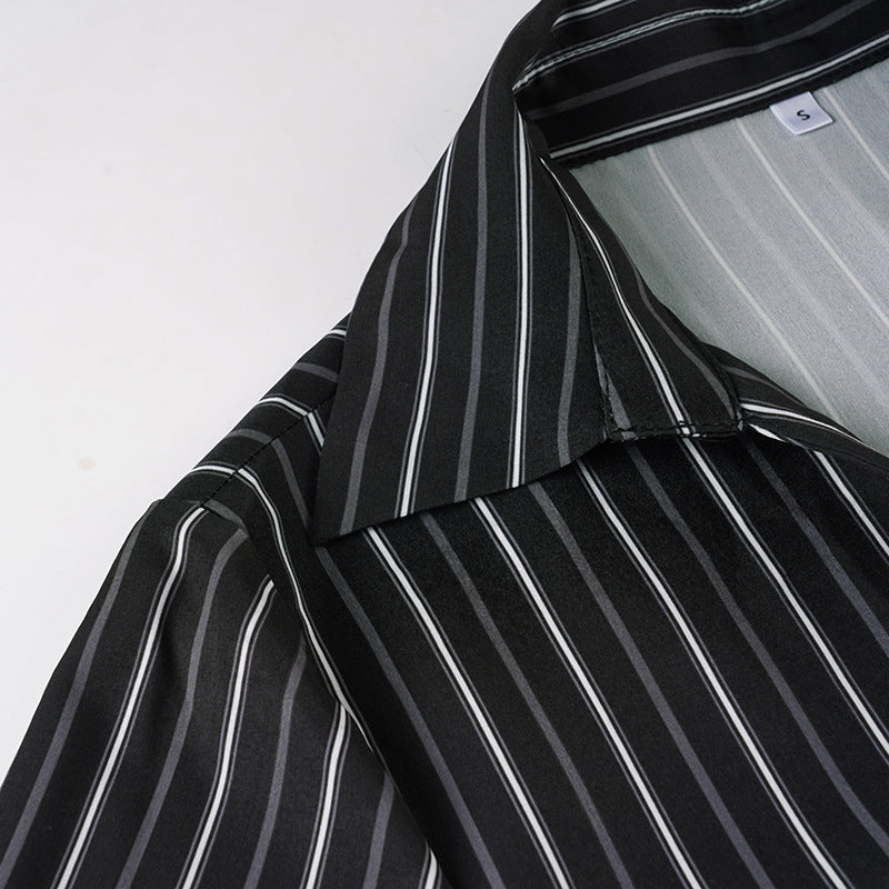 Long sleeve striped turnover collar self tie top  | Festival Outfits Women