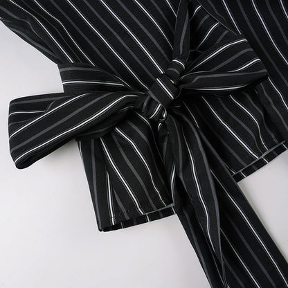 Long sleeve striped turnover collar self tie top  | Festival Outfits Women