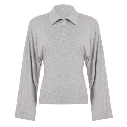 Long sleeve turnover collar button solid top  | Festival Outfits Women