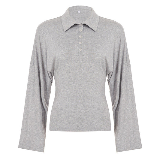 Long sleeve turnover collar button solid top  | Festival Outfits Women
