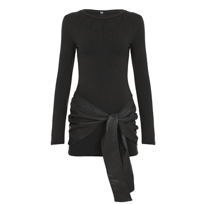 Crewneck long sleeve PU leather solid mini dress  | Festival Outfits Women