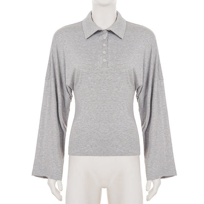 Long sleeve turnover collar button solid top  | Festival Outfits Women