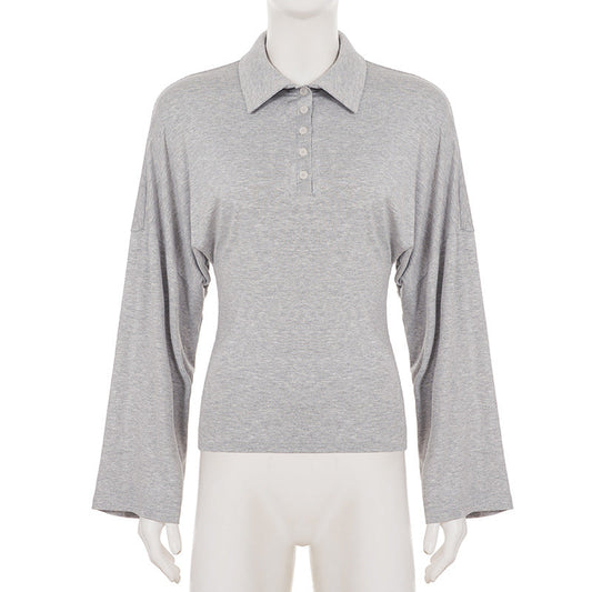 Long sleeve turnover collar button solid top  | Festival Outfits Women