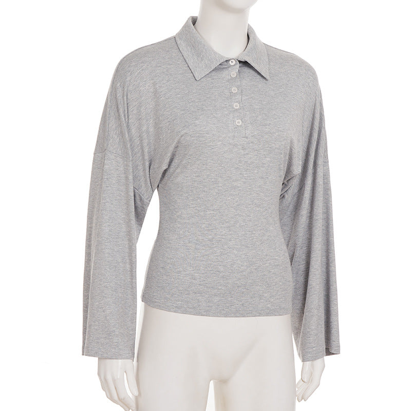 Long sleeve turnover collar button solid top  | Festival Outfits Women