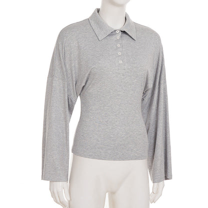 Long sleeve turnover collar button solid top  | Festival Outfits Women