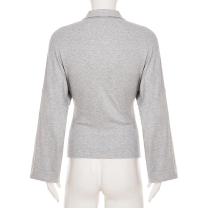 Long sleeve turnover collar button solid top  | Festival Outfits Women