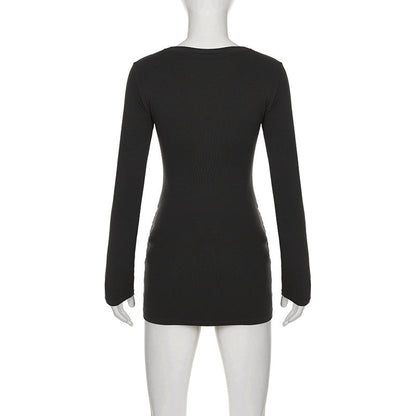 Crewneck long sleeve PU leather solid mini dress  | Festival Outfits Women