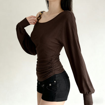 Long sleeve o ring beaded ruched irregular top  | Festival Outfits Women