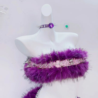 Fluffy skull applique tube mini skirt set  | Festival Outfits Women