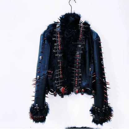 Long sleeve PU leather rivet fluffy coat top  | Festival Outfits Women