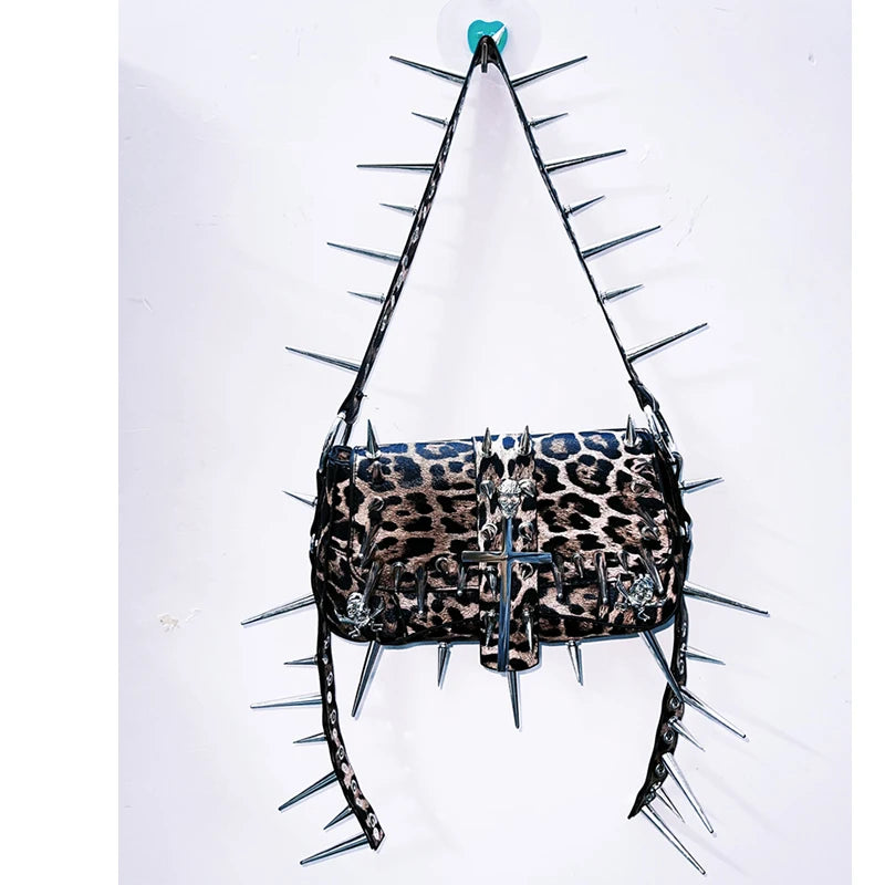 Leopard print rivet cross applique crossbody purses bag  | Festival Outfits Women