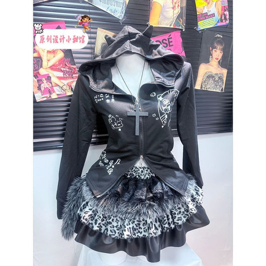 Long sleeve hoodie zip-up ruffle fluffy mini skirt set  | Festival Outfits Women