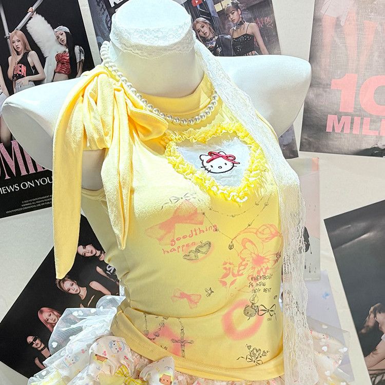 Bowknot " hello kitty " print ruffle mini skirt set  | Festival Outfits Women
