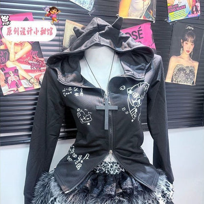 Long sleeve hoodie zip-up ruffle fluffy mini skirt set  | Festival Outfits Women