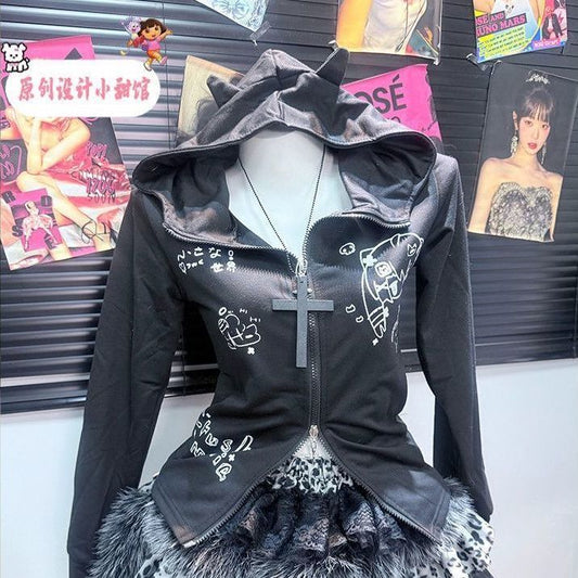 Long sleeve hoodie zip-up ruffle fluffy mini skirt set  | Festival Outfits Women