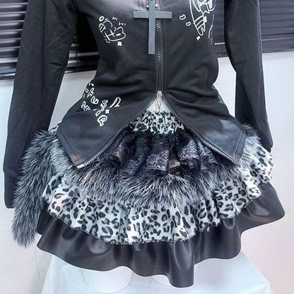 Long sleeve hoodie zip-up ruffle fluffy mini skirt set  | Festival Outfits Women