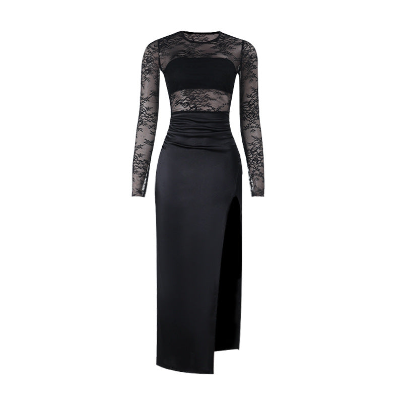 Crewneck lace long sleeve slit irregular maxi dress  | Festival Outfits Women
