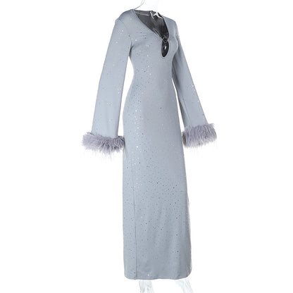 Hollow out slit long sleeve fluffy glitter cut out maxi dress  | Festival Outfits Women
