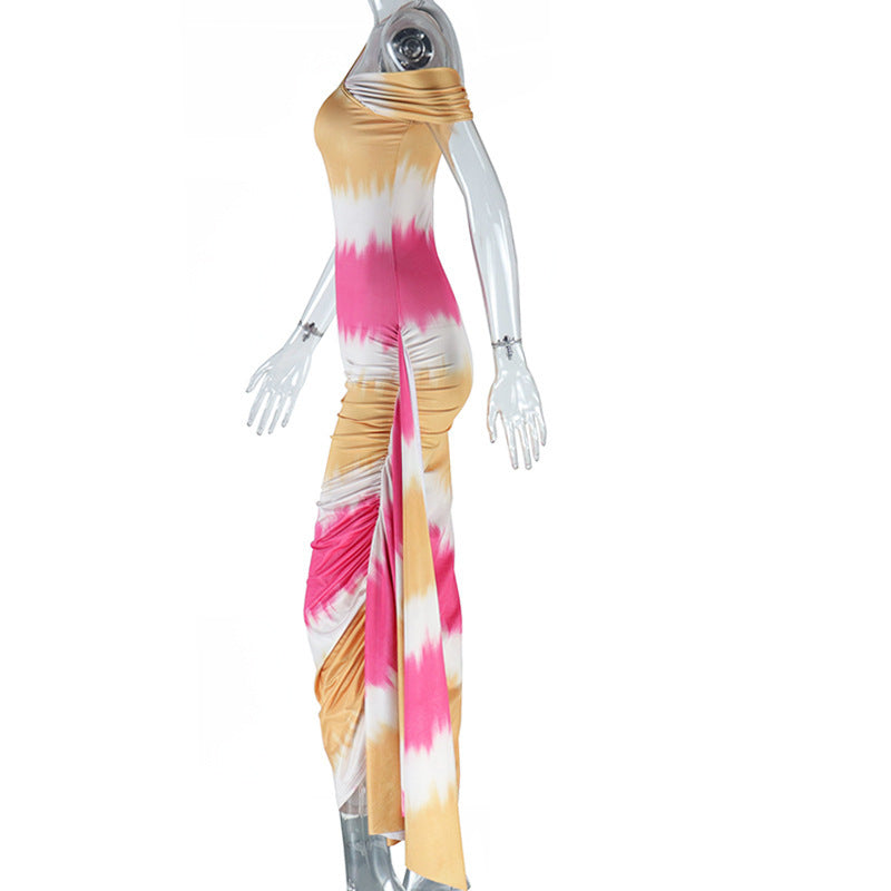 Ruched one shoulder print irregular maxi dress  | Festival Outfits Women