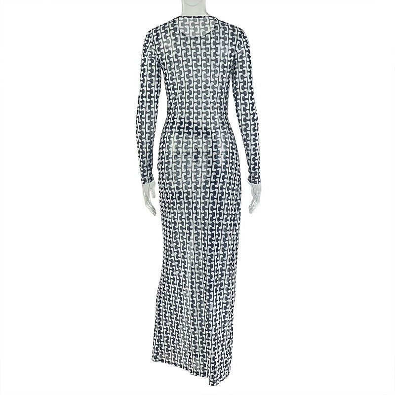 Long sleeve crewneck slit mesh maxi dress  | Festival Outfits Women