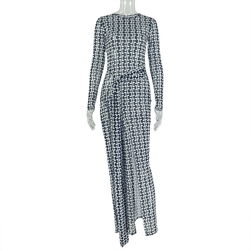 Long sleeve crewneck slit mesh maxi dress  | Festival Outfits Women