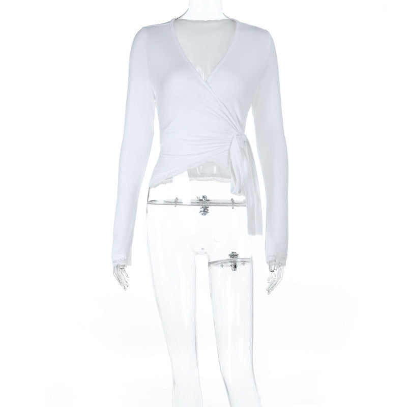 Self tie v neck long sleeve lace hem solid top  | Festival Outfits Women