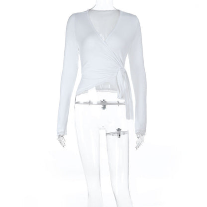 Self tie v neck long sleeve lace hem solid top  | Festival Outfits Women