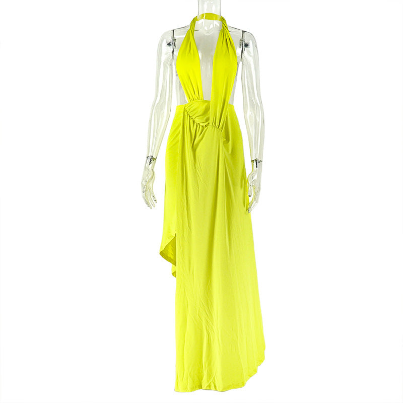 Halter ruched irregular deep v neck maxi dress  | Festival Outfits Women