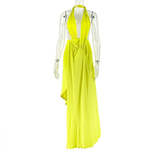 Halter ruched irregular deep v neck maxi dress  | Festival Outfits Women