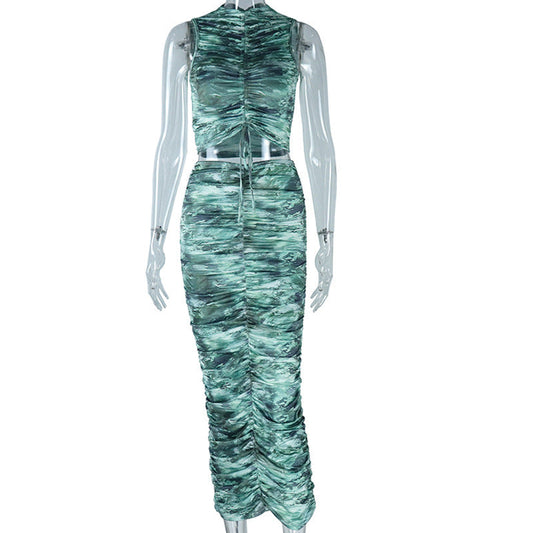 Drawstring ruched crewneck print midi skirt set  | Festival Outfits Women