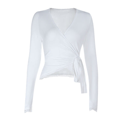 Self tie v neck long sleeve lace hem solid top  | Festival Outfits Women