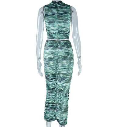 Drawstring ruched crewneck print midi skirt set  | Festival Outfits Women
