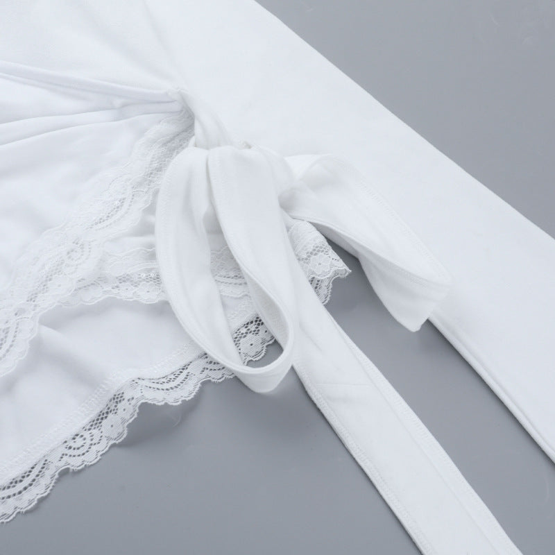 Self tie v neck long sleeve lace hem solid top  | Festival Outfits Women