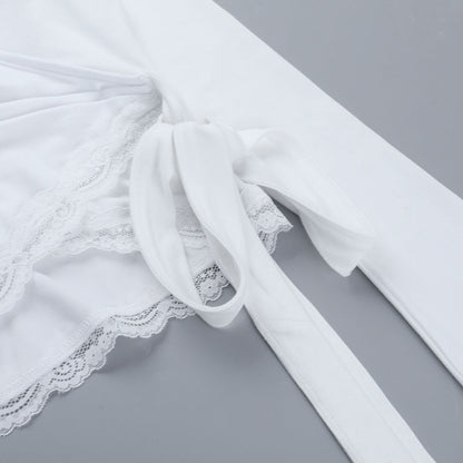 Self tie v neck long sleeve lace hem solid top  | Festival Outfits Women