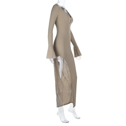 V neck long sleeve slit irregular maxi dress  | Festival Outfits Women
