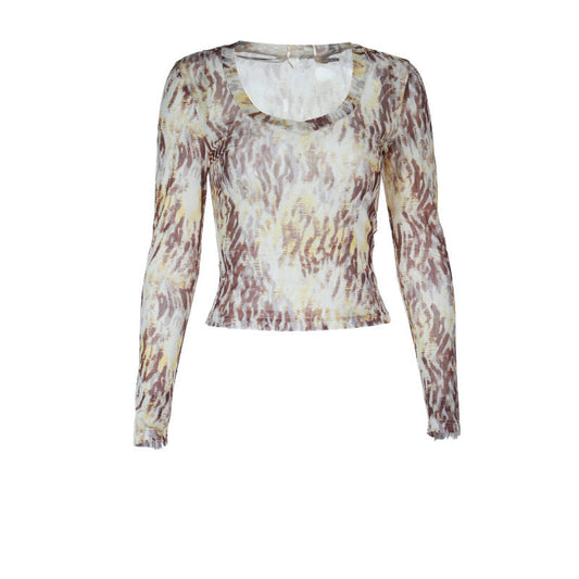 Print u neck long sleeve contrast top | Festival Outfits Women