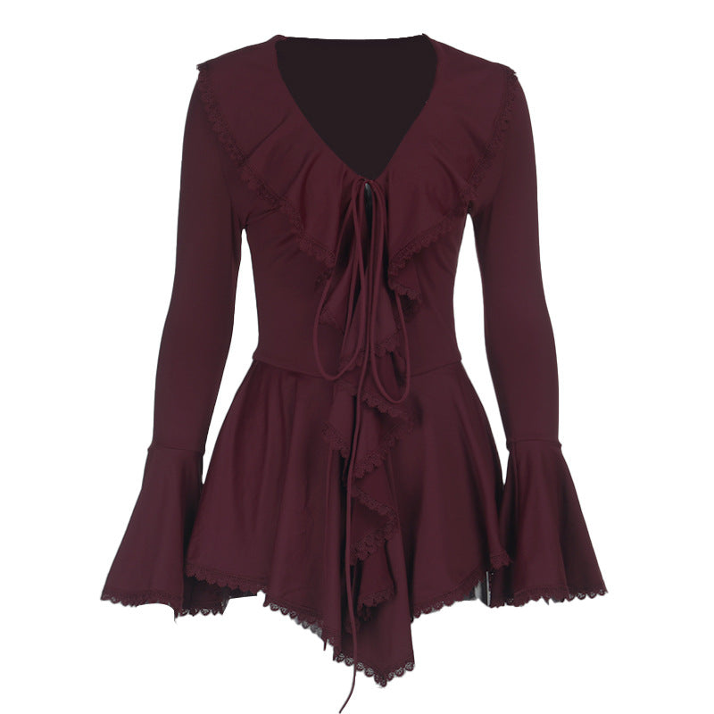 Long flared sleeve ruffle v neck self tie mini dress  | Festival Outfits Women